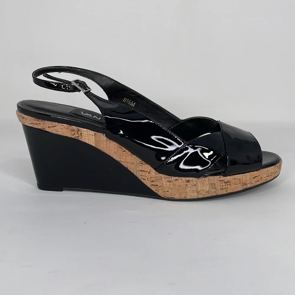 VAN ELI Wedge Heel Sandals Sling Back Open Toe Black Patent Leather Cork 9.5